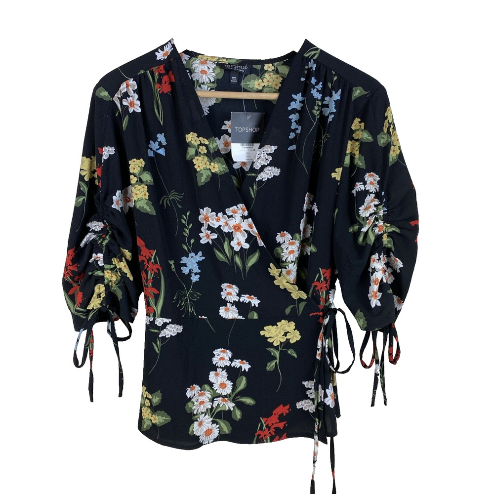 NWT Topshop Floral Print Ruched Sleeve Top Womens Size 10 Office Career Church